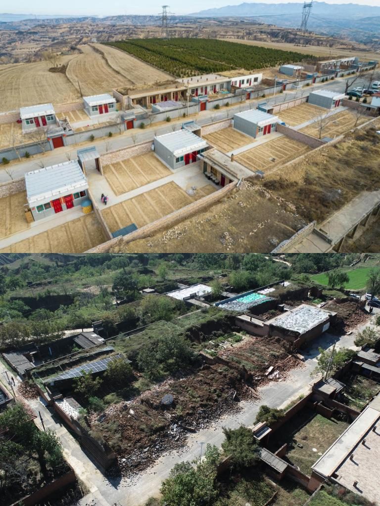拼版照片，上圖是2022年1月山西省霍州市師莊鄉(xiāng)馮南垣村災后恢復重建后的場景，下圖是2021年10月村莊因災受損的場景。(霍州市委宣傳部供圖)