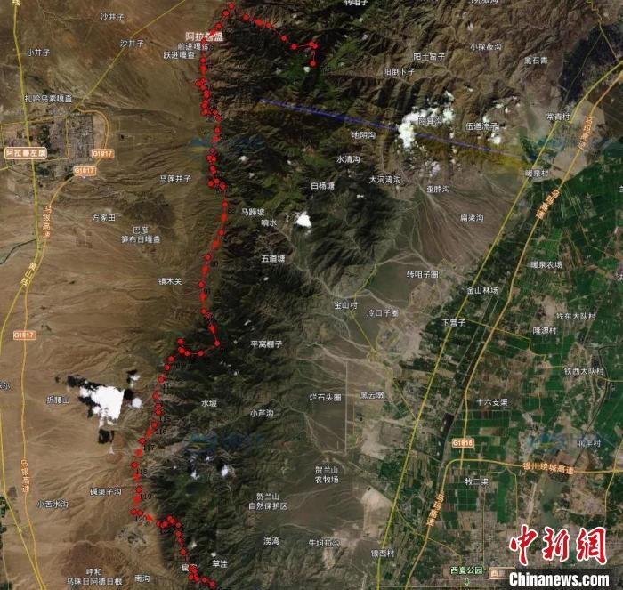 圖為雪豹在春節(jié)前后的活動軌跡?！?nèi)蒙古賀蘭山國家級自然保護區(qū)供圖