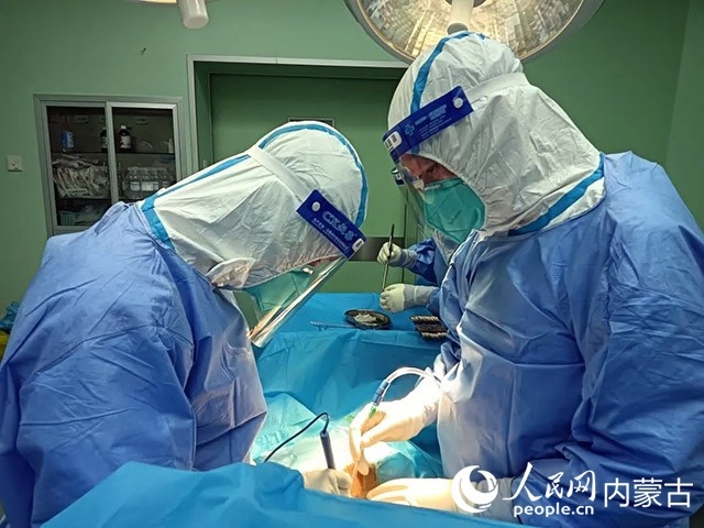 醫(yī)護人員正在為新冠肺炎合并腸梗阻腸穿孔的尿毒癥患者實施急診手術(shù)。呼和浩特市第一醫(yī)院供圖