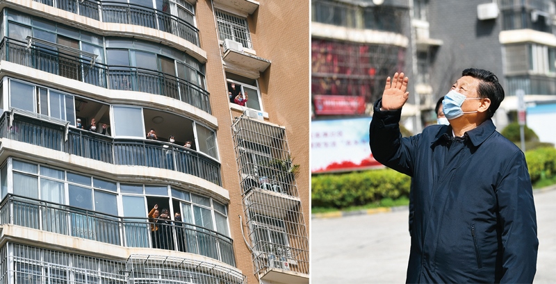 2020年3月10日，習近平專門赴湖北省武漢市考察新冠肺炎疫情防控工作。這是習近平在東湖新城社區(qū)考察時，向在家隔離居住的居民揮手致意、表示慰問（拼版照片）