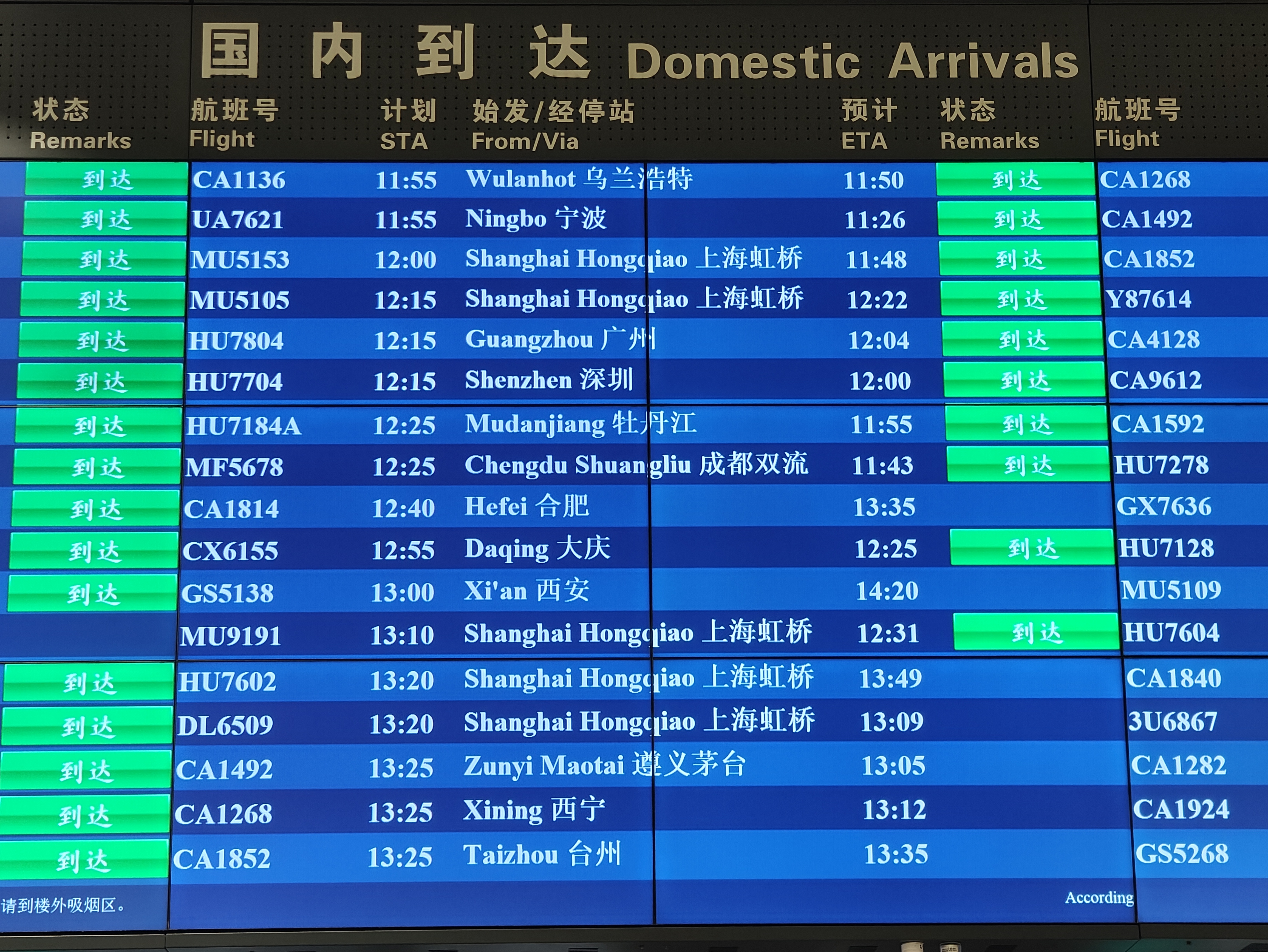首都機(jī)場(chǎng)大屏顯示，MU9191航班于12:31順利到達(dá)。人民網(wǎng)記者 夏曉倫攝