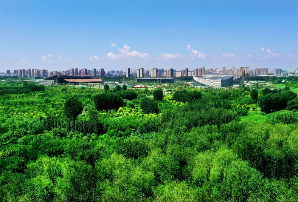 北京東方化工廠舊址建成的綠心公園草木蔥蘢。（馬文曉 攝）