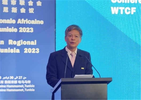 2023世界旅游城市聯(lián)合會非洲區(qū)域突尼斯會議 世界旅游城市聯(lián)合會常務副秘書長李寶春致辭。主辦方供圖