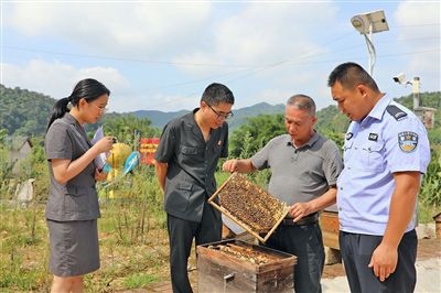  圖②：蒙山法院黃村法庭法官深入蜂蜜合作社，實(shí)地了解蜂農(nóng)需求。