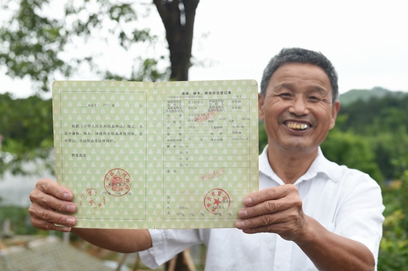 福建武平縣萬安鎮(zhèn)捷文村村民李桂林展示林權(quán)改革后領(lǐng)到的全國第一本新式林權(quán)證。