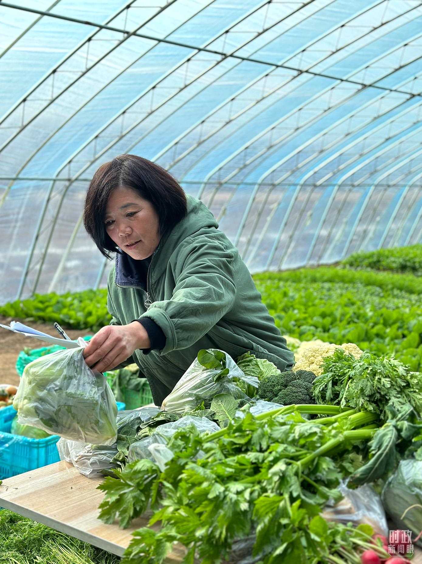 △第六埠村村民正在打包分裝蔬菜。（總臺(tái)央視記者盧心雨拍攝）