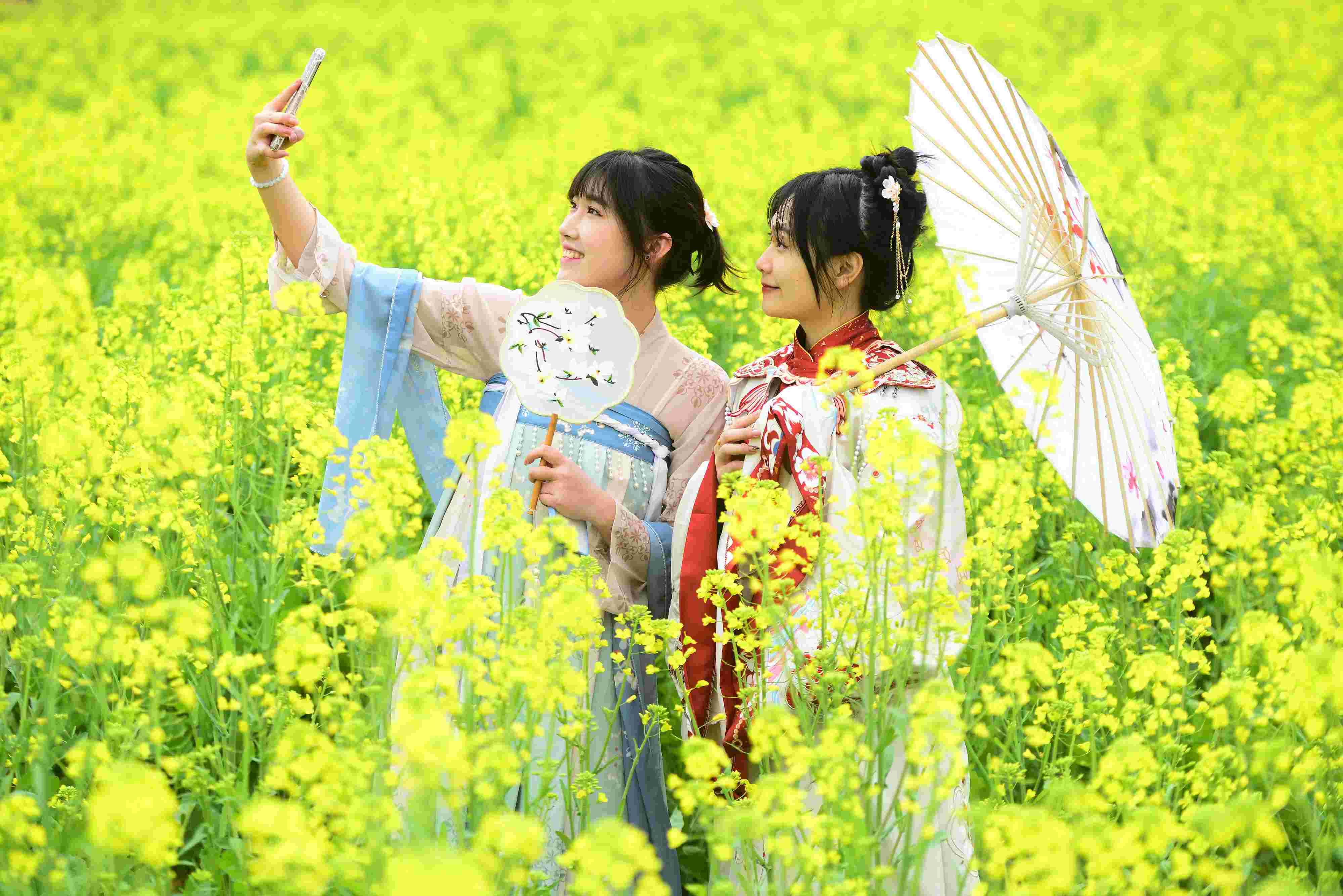 △ 2024年2月16日，廣西賀州，在富川瑤族自治縣麥嶺鎮(zhèn)三民村，游客在油菜花田間賞花拍照。