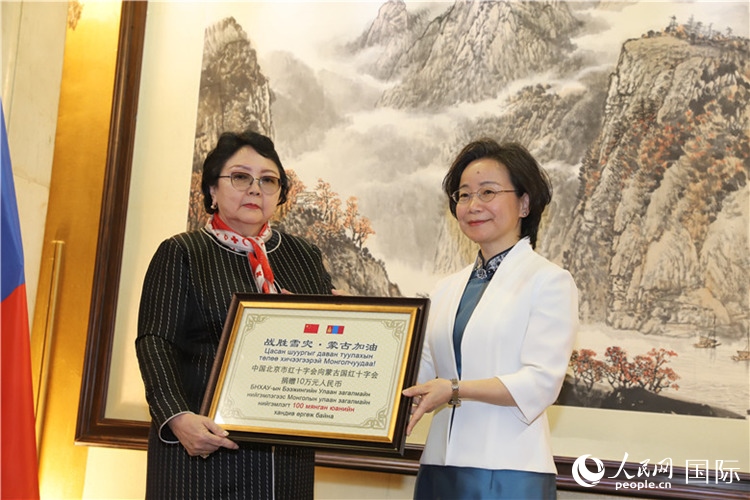 沈大使向?qū)殑跔柆敚ㄗ螅┟貢L轉(zhuǎn)交捐款。人民網(wǎng)記者 霍文攝