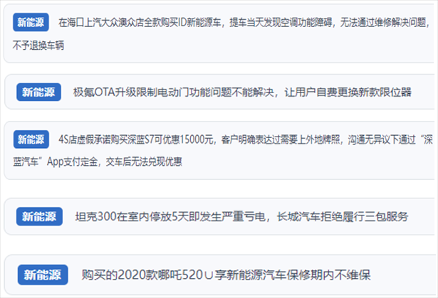 “人民投訴”用戶吐槽新能源汽車功能障礙多發(fā)、升級(jí)后配套服務(wù)跟不上、虛假優(yōu)惠、保修期內(nèi)不維保的問題。（“人民投訴”平臺(tái)截圖）