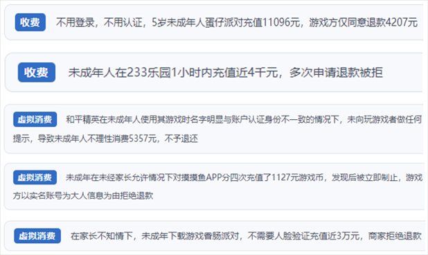 “人民投訴”用戶舉報(bào)身份認(rèn)證成擺設(shè)、大額充值無提醒、提供證據(jù)被駁回、商家設(shè)置退款障礙等未成年人網(wǎng)游消費(fèi)亂象。（“人民投訴”平臺(tái)截圖）