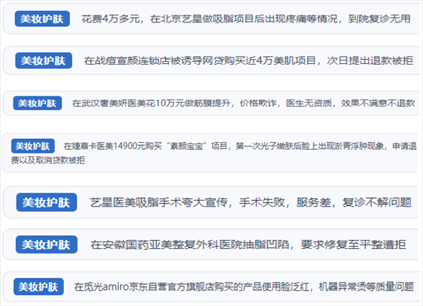 “人民投訴”用戶舉報(bào)醫(yī)美未達(dá)預(yù)期效果或?qū)е律眢w損傷退款遭拒、機(jī)構(gòu)及服務(wù)人員虛假資質(zhì)、被誘導(dǎo)高額醫(yī)美貸、網(wǎng)購美容儀器質(zhì)量不過關(guān)等問題。（“人民投訴”平臺(tái)截圖）