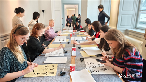 瑞典書法愛好者專心學習書法。人民網(wǎng)記者 殷淼攝