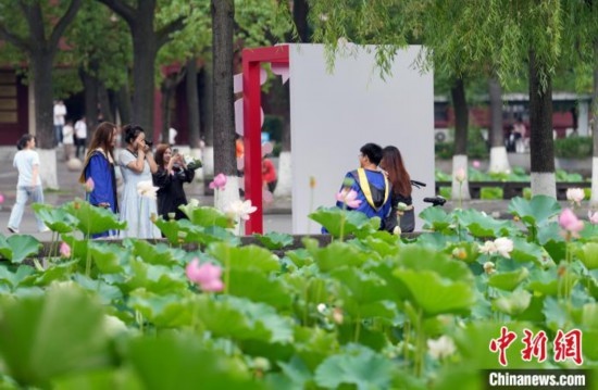 6月19日，時(shí)值一年畢業(yè)季，四川大學(xué)望江校區(qū)荷花池里的荷花盛開，成為了畢業(yè)生們的打卡圣地，吸引了眾多畢業(yè)生拍照留念。圖為畢業(yè)生在荷花池邊拍照留念。中新社記者 安源 攝
