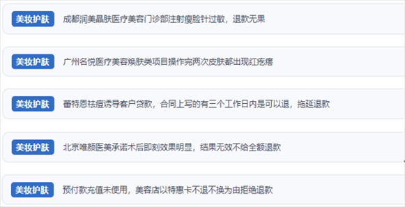網(wǎng)友涉及醫(yī)美機構(gòu)虛假宣傳、誘導(dǎo)消費、致傷客戶、違約不退費等消費侵權(quán)的相關(guān)投訴。（“人民投訴”用戶投訴截圖）