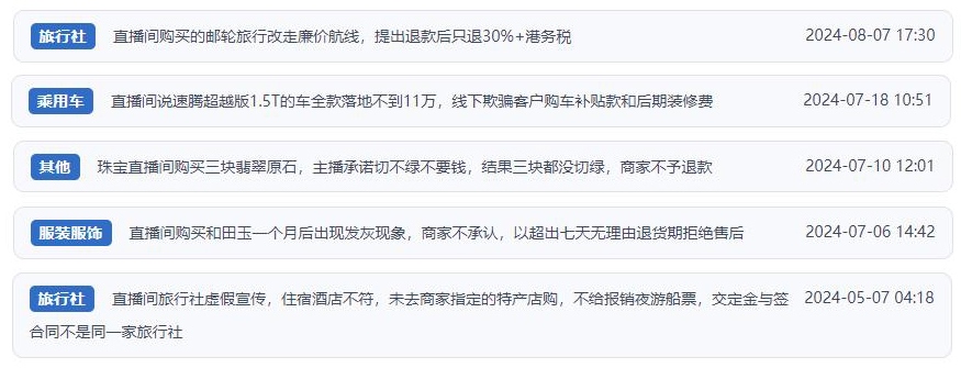 近期網(wǎng)友涉及直播購(gòu)物相關(guān)投訴問(wèn)題。（“人民投訴”用戶投訴截圖）