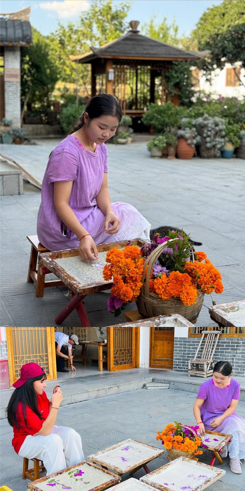 沒有女生不愛花。以古法造紙技藝為基礎(chǔ)，再輔以花草枝葉勾勒各式圖案，創(chuàng)作出花茂村獨具特色的紙漿壓花畫，少女手中的花是她眼中的風(fēng)景，而她與正在制作的紙漿壓花畫也是別人眼中的風(fēng)景。（哈薩克斯坦BAQ通訊社高級記者古爾詹·拉曼庫洛娃、張亞欣攝）