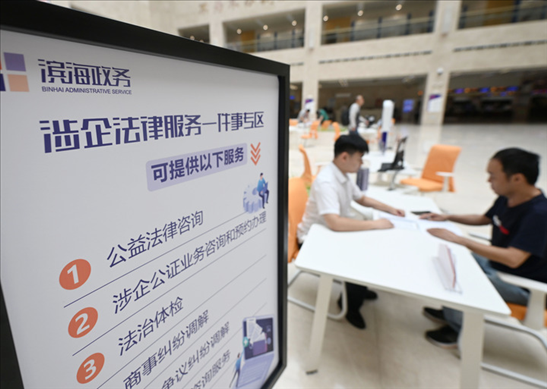 在天津濱海新區(qū)政務服務中心，工作人員在“涉企法律服務一件事”專區(qū)為市民提供服務（2024年7月31日攝）。新華社記者 趙子碩 攝