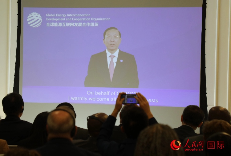 全球能源互聯(lián)網(wǎng)發(fā)展合作組織主席、中國電力企業(yè)聯(lián)合會理事長辛保安通過視頻方式致辭。人民網(wǎng)記者 李志偉攝