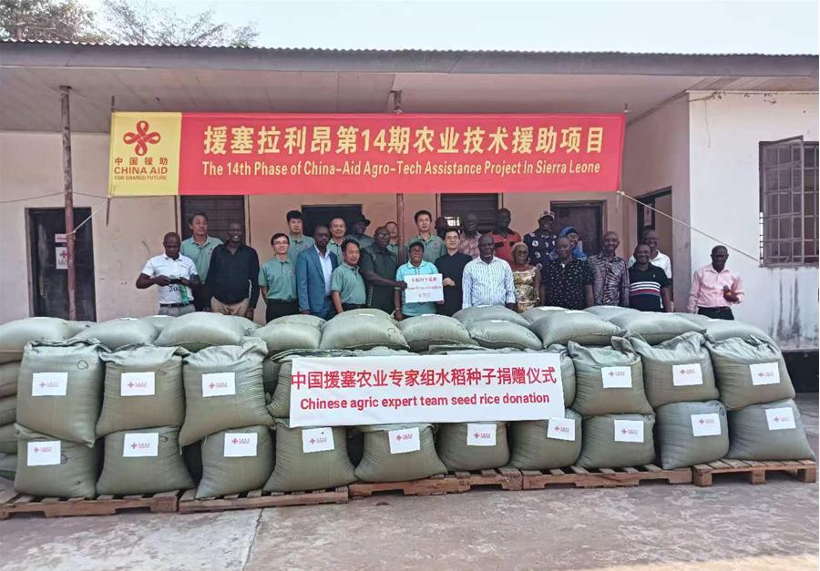 中國援塞拉利昂農(nóng)業(yè)專家組在塞南方省博城舉辦水稻種子捐贈儀式。中國援塞農(nóng)業(yè)專家組供圖