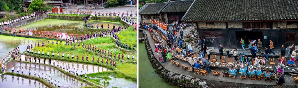 左圖：近期，人們?cè)诶杵娇h肇興侗寨的田園里演唱侗族大歌（黎平縣委宣傳部供圖）；右圖：這是2023年拍攝的十八洞村長桌宴（湘西州委宣傳部供圖）。