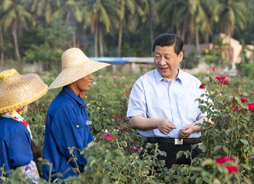 △2013年4月9日，習(xí)近平總書記在海南亞龍灣蘭德玫瑰風(fēng)情產(chǎn)業(yè)園向花農(nóng)了解玫瑰種植管理技術(shù)。
